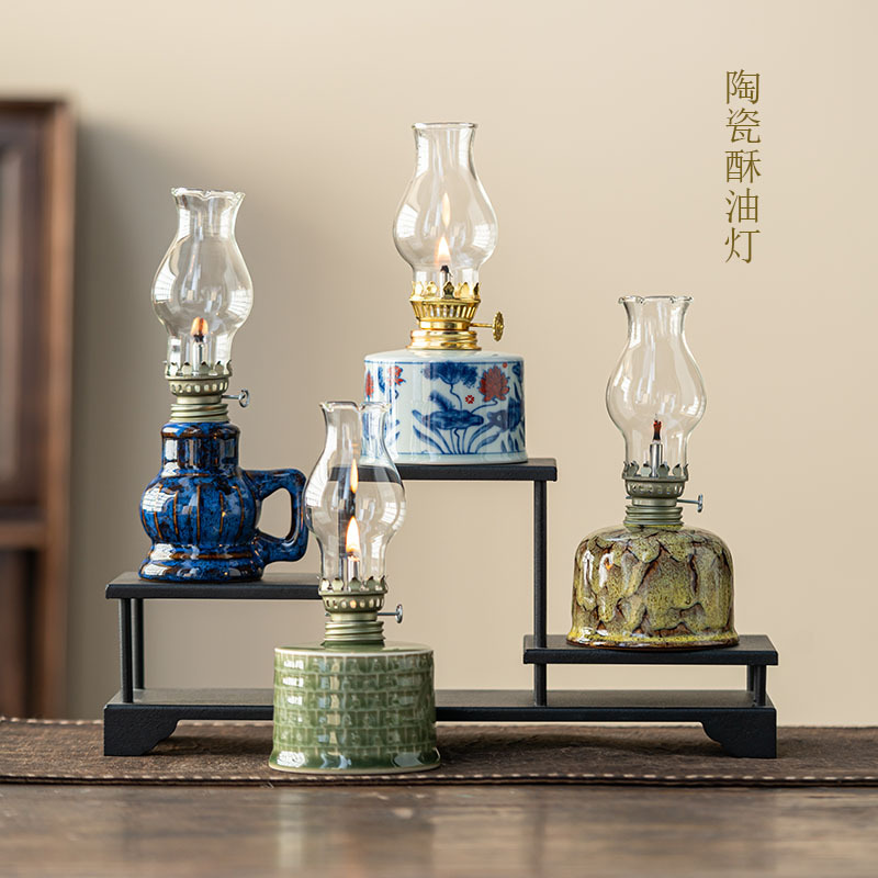Kiln Change Ceramic Changming Lamp Tea Room Ornaments Home Creative Blue and Flower Butter Lamp Camping Atmosphere Lamp Decorations