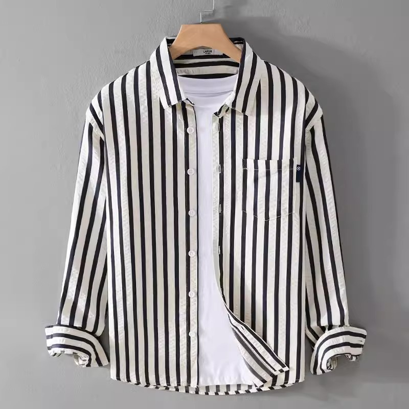 Shopping Mall Closed Ice Silk Striped Long-sleeved Shirt Summer Light Luxury Trendy Brand Contrast Color Simple Men's Casual All-match Shirt