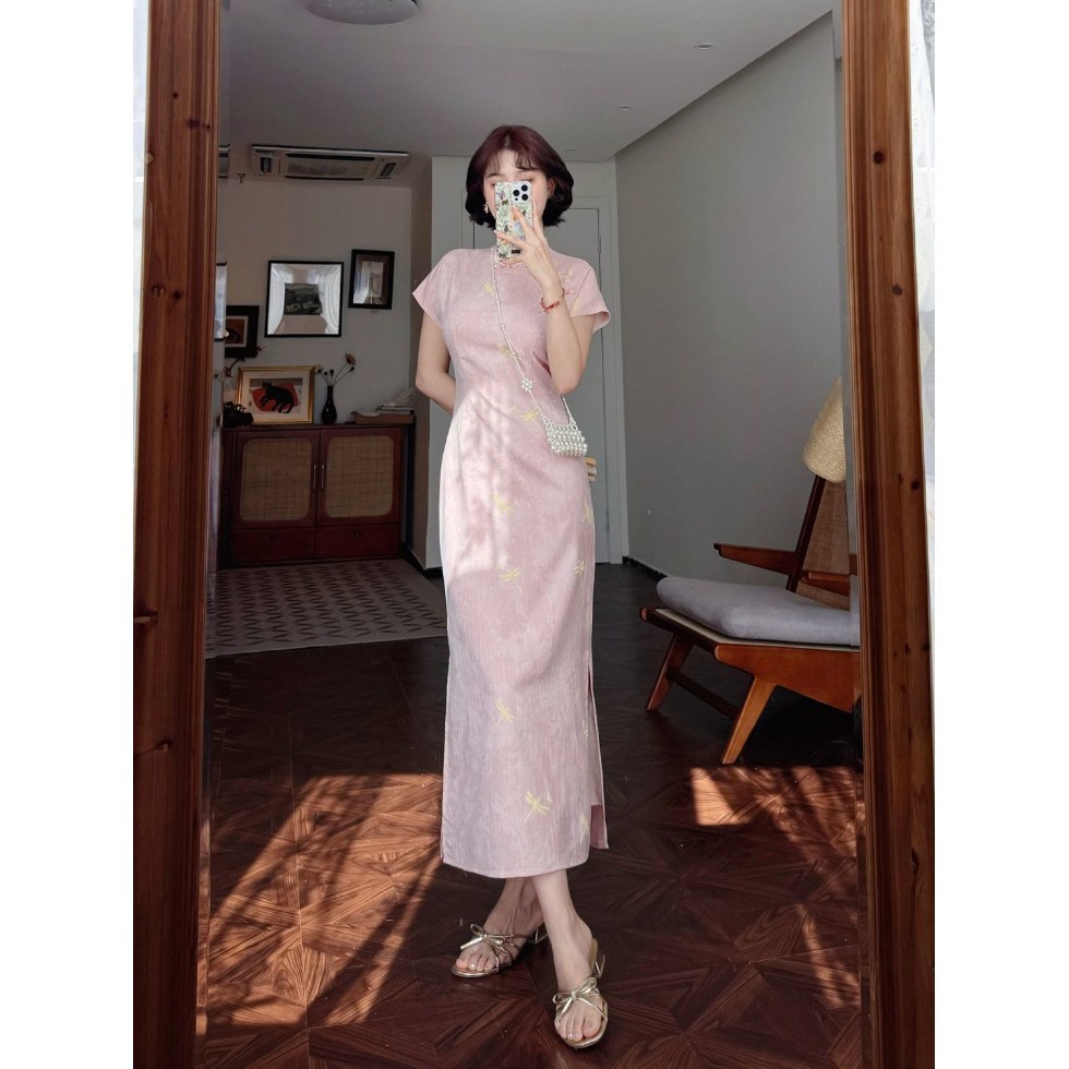 Jingshanying - Summer New Chinese Style Improved Little Dragonfly Print Unique Raglan Sleeve 2025 Summer New Women's Cheongsam