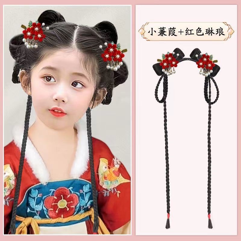 Children's Hanfu Wig Bun Ancient Costume Integrated Hairband Wig Braid Hair Accessory Ancient Style Hairpin Headwear