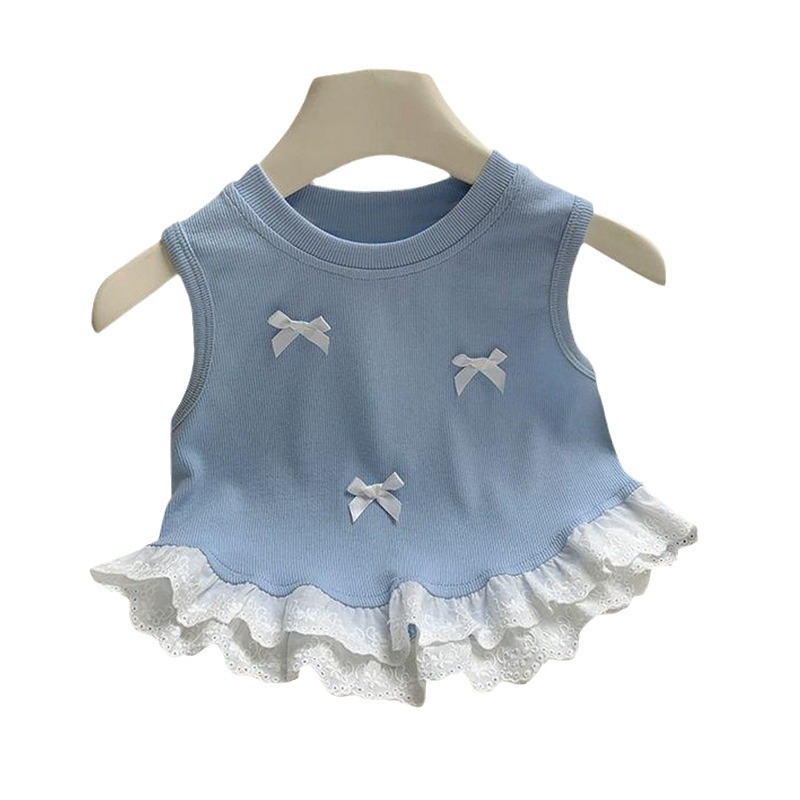 Girls' Bow Short Vest 2024 Summer New Style Baby Lace Splicing Sleeveless Top Trendy