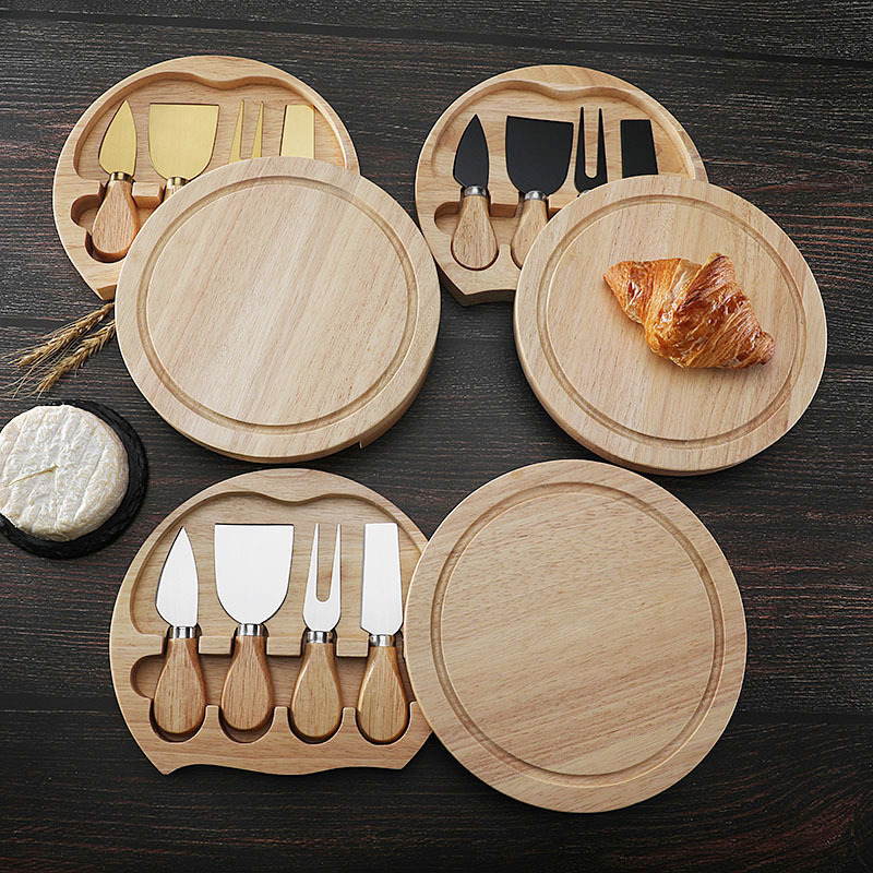 Cross-border round rubber wooden box 4-piece cheese knife shovel stainless steel cheese tool tableware cheese knife suit gift box