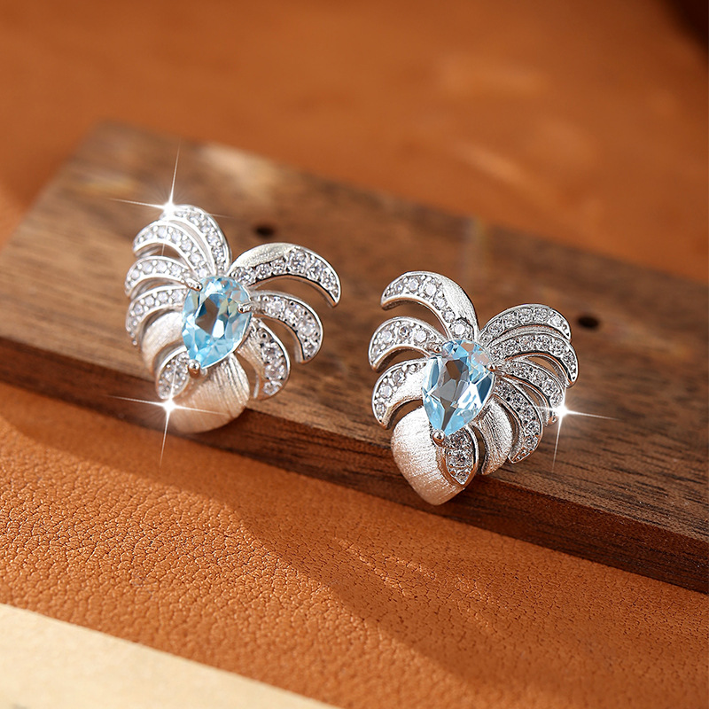 Niche Feather High-End Design Brushed Natural Stone Earrings Amethyst Citrine S925 Sterling Silver Earrings