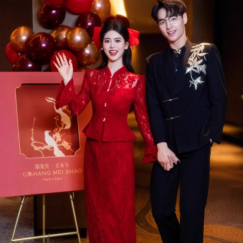 Cheongsam Toast Dress Bride Red Engagement Dress Dress New Chinoiserie Wedding Dress Suit Long-Sleeved Dress for Women