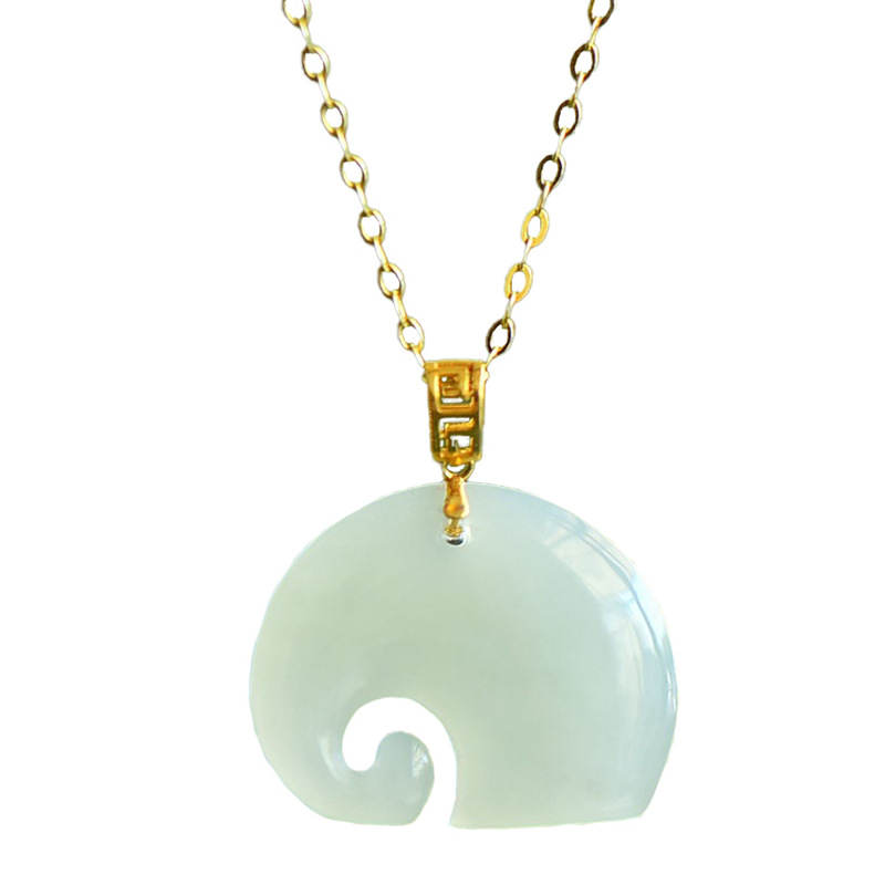 Certificate 18K Gold Buckle Hetian Jade Elephant Pendant National Tide Chinese Style Necklace Clavicle Chain Natural Jade Pendant for Women
