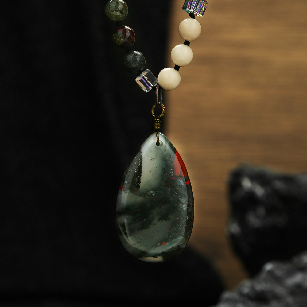 Zhuhang Jewelry Cross-Border Popular Natural Stone Pendant Long Water Drop Sweater Chain Red Wood Grain Necklace Jewelry Wholesale