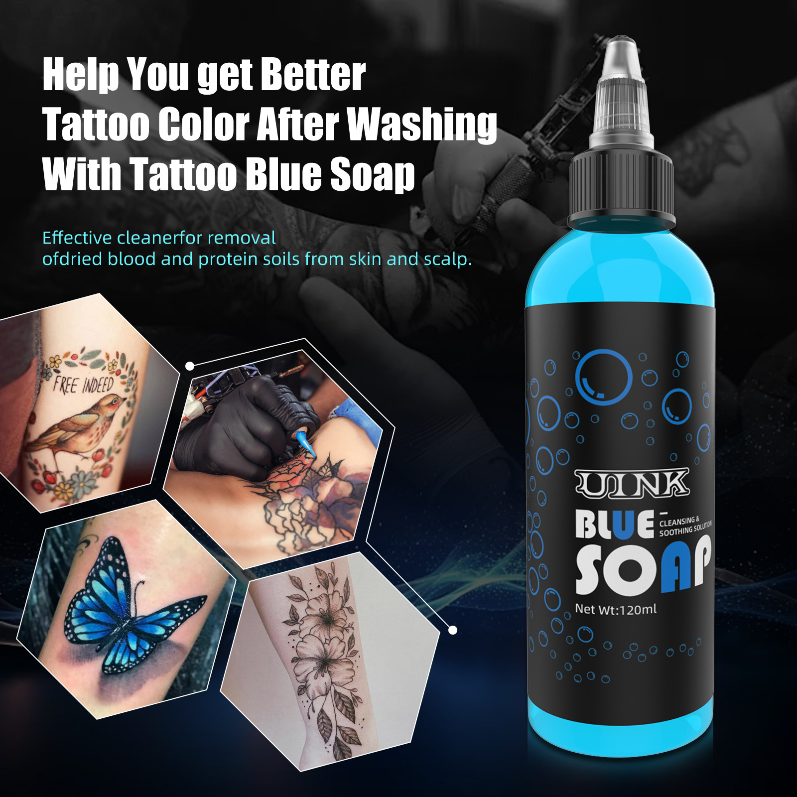 Cross-border Explosions UINK Tattoo Cyanobacteria 120ml Cyanobacteria Bubble Bottle suit Cyanobacteria Solution Tattoo Cleaning Tool