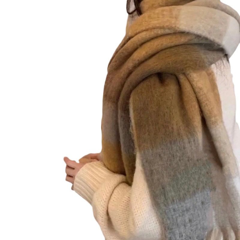 Autumn and Winter New Thickened Warm Rainbow-Colored Plaid Scarf European and American Loop Yarn Thick Tassel Color-Blocking Shawl