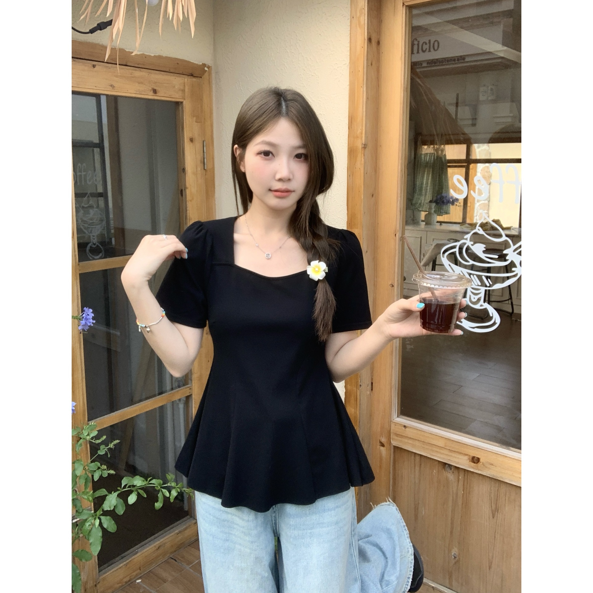 Real shot 2025 summer new chubby girl plus size waist pleated hem T-shirt pure square collar shoulder jacket 64582