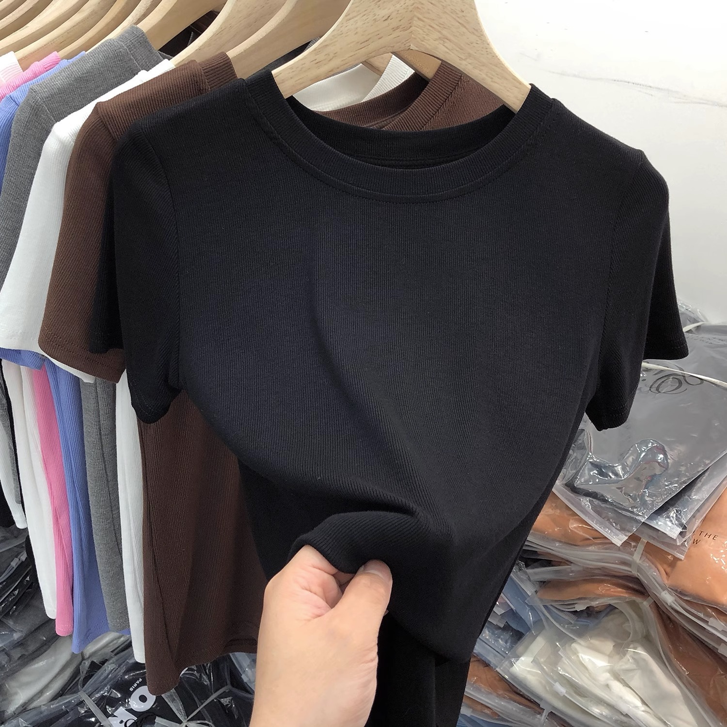 2025 Summer New Style Threaded Round Neck Slim T-Shirt Women's Short-Sleeved Versatile Inner Layer Pure Color Bottoming Shirt Top T-Shirt