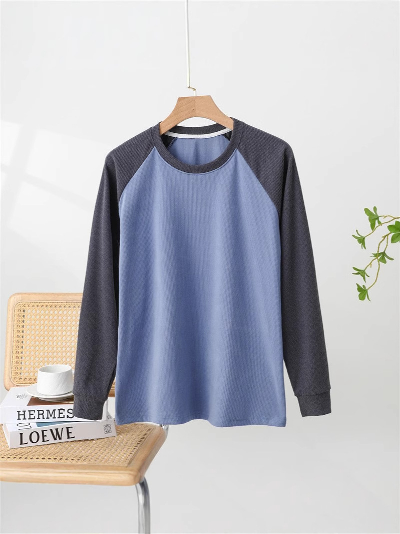 Round Neck Warm Top for Men, Autumn and Winter Color-Blocked Raglan T-Shirt, Large Size Elastic Base Layer Shirt, Autumn Clothing