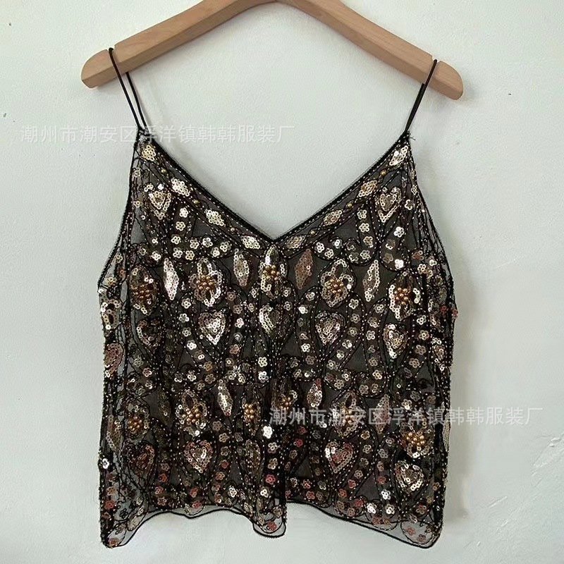 Niche Summer Women's Heavy-Duty Sequined Beaded Sling with Sexy Slimming Look Short V Neck Vest with a Sense of Design and Pure Lust Style