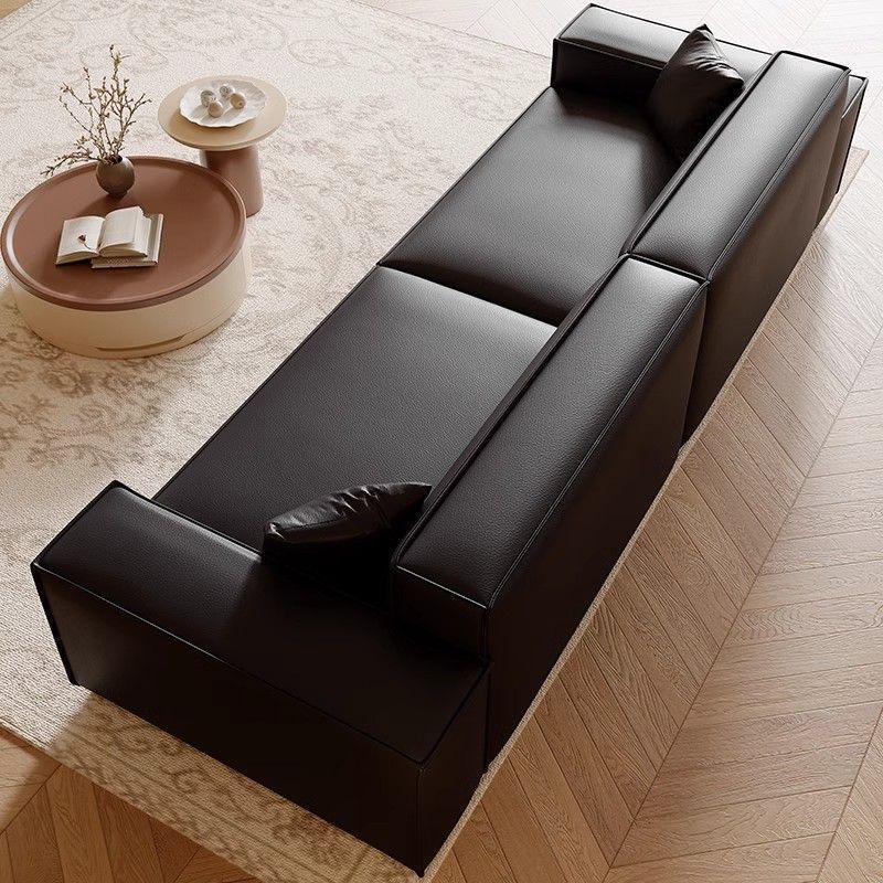 Italian Style Minimalist Tofu Block Leather Sofa Modern Simple Rental Room Living Room Small Apartment Straight Row Big Black Cow Sofa