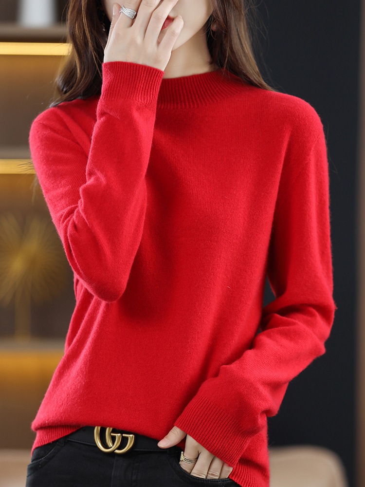 Autumn and Winter Classic Half Turtleneck Flat Knitwear Women's Pullover Pure Color Versatile Long-sleeved Knitwear Slimming Look Non-wool Bottoming