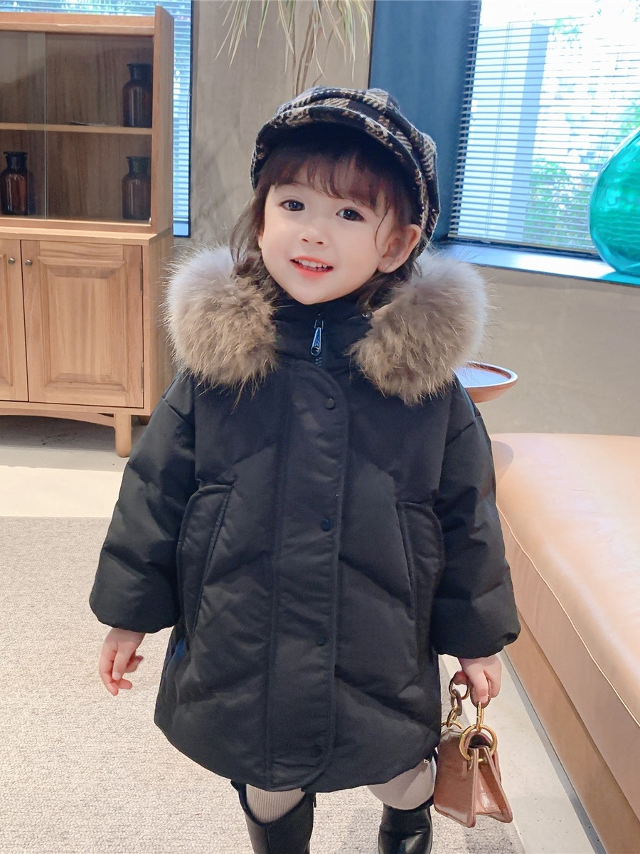 Girls 90 White Duck down Jacket Mid-Length Style Baby Winter Clothing Kidsren's Korean Style Large Fur Collar Warm Hooded Jacket