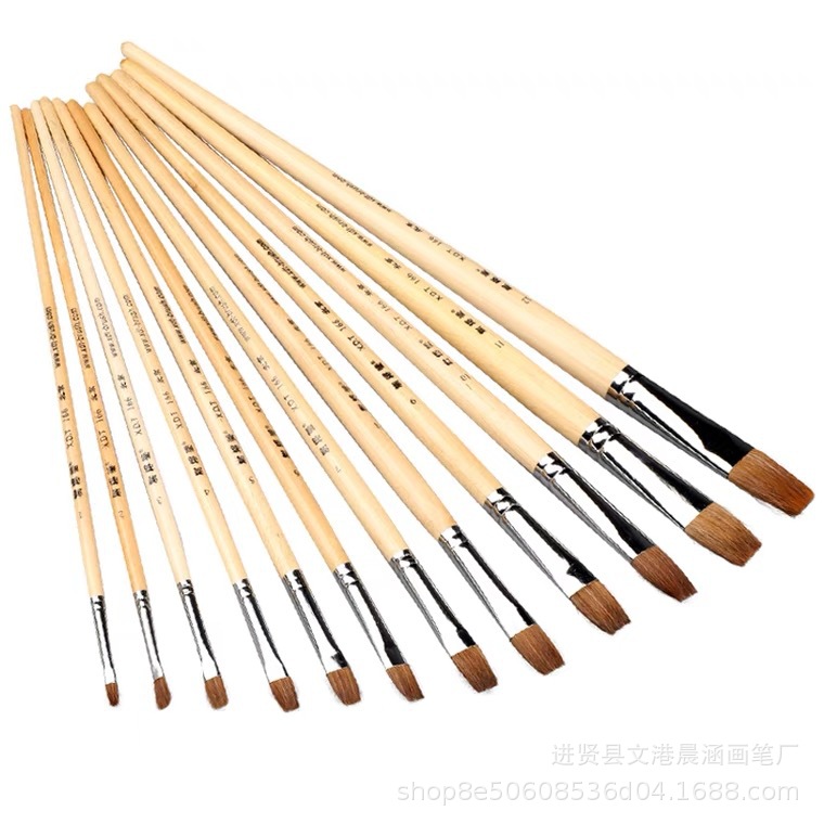 166 Xiedetang Wooden Pole Wolf Hair Flat Head Oil Paint Brush Acrylic Brush Single Gouache Long Pole Set Water Chalk