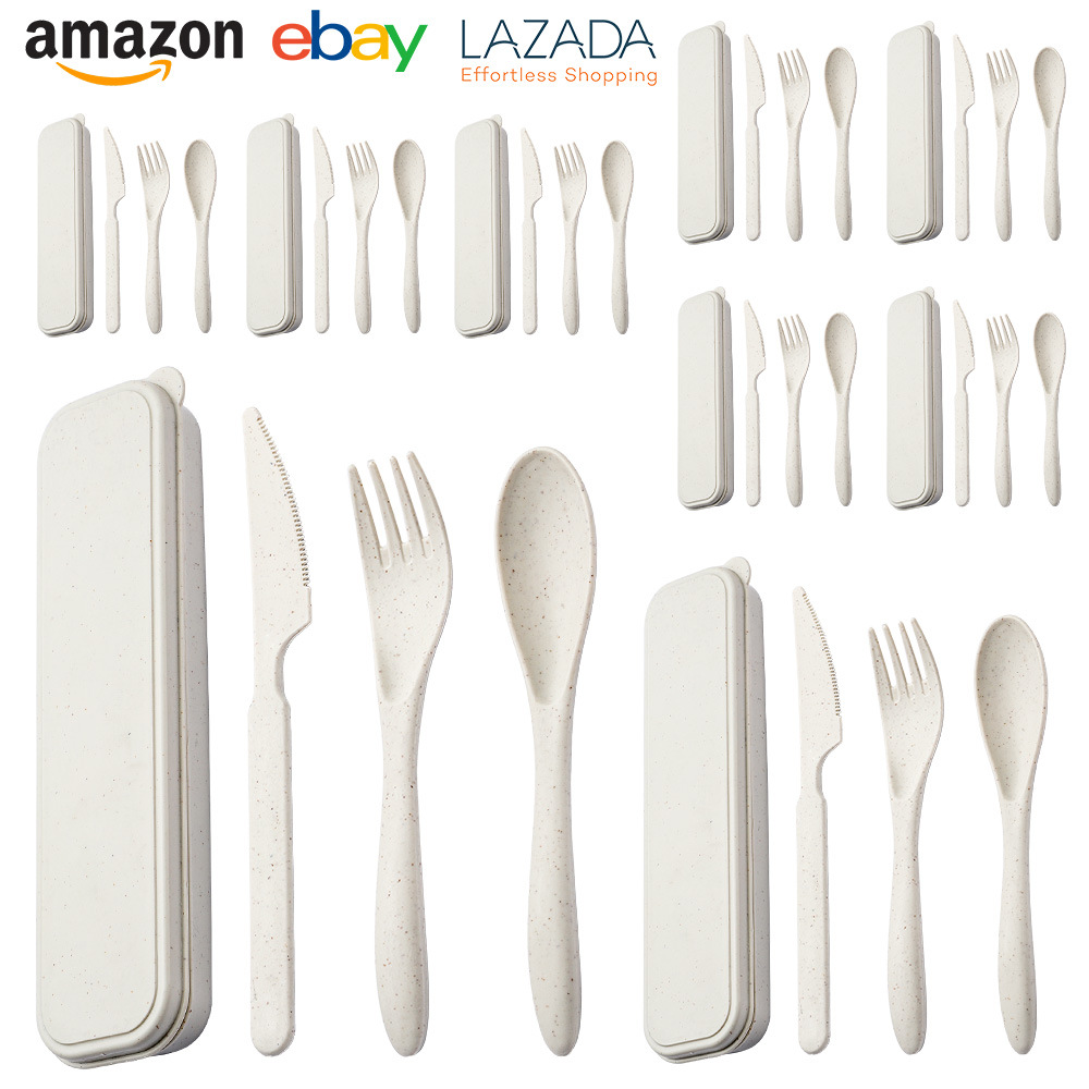 Cross-border Amazon Outdoor Camping Portable Knife, Fork and Spoon Tableware suit Black Wheat Straw Tableware Three-piece Set