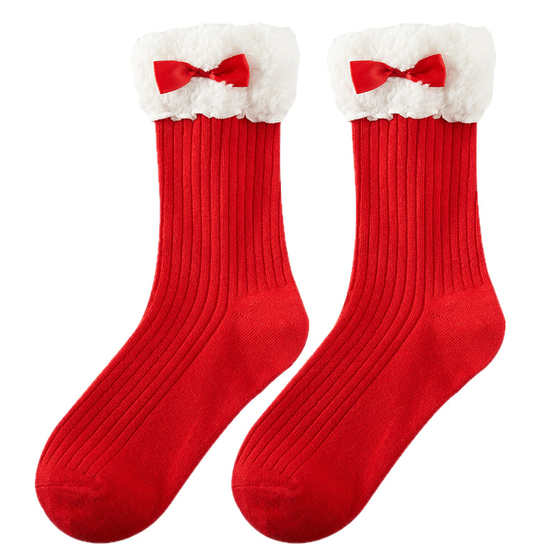 Benmingnian Socks Women's Autumn and Winter New Year's Velvet Socks Lace Bow Mid-barrel Lolita Red Mid-barrel Socks