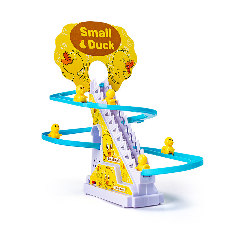 Little yellow duck climbing stairs light music little duck electric slide puzzle assembled children's track toys wholesale