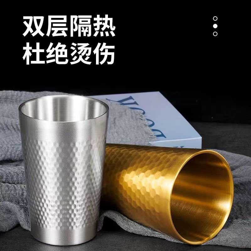 304 stainless steel hammer pattern Cup double-layer Cup Korean Cup heat insulation Cup gold-plated cup ins style barbecue shop Cup diamond pattern