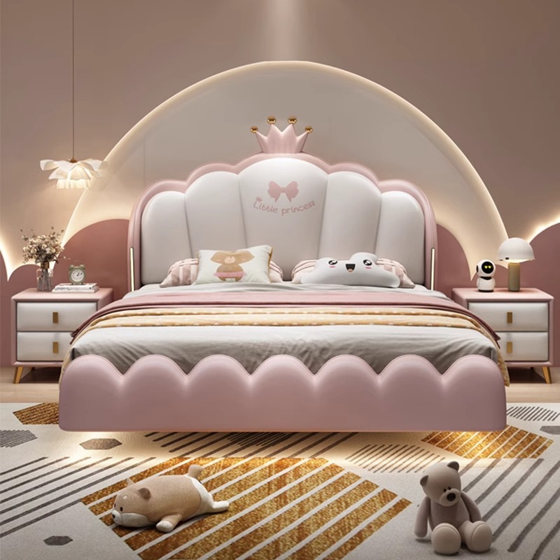 Suspended Solid Wood Bed Children's Bed Girl's Bedroom Princess Bed Light Luxury Leather Bed Small Apartment Pink Crown Double Bed