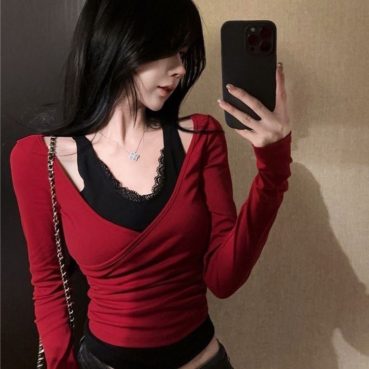 [Логистика молнии] Фальшивый двухкомпонентный сексуальный кружевной футболка для женщин с модным топом с вырезом на шее