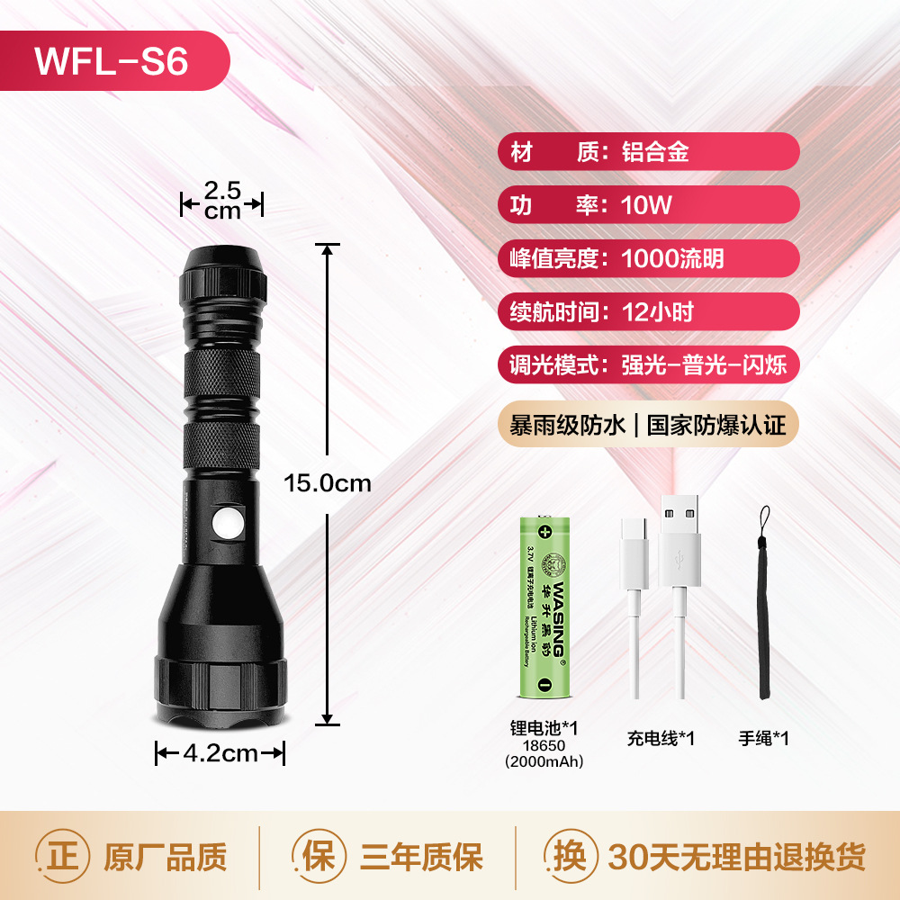 Телескопический фонарик Huasheng Panther S6 с бесступенчатой фокусировкой для outdoor, мощный дальний свет, LED, зарядка от взрыва