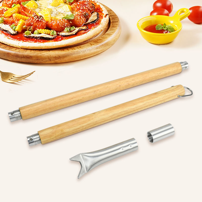 Two-section Wooden Handle pizza Rotator Extended pizza Oven Hook Removable Cake Hook Baking Tool pizza Fork