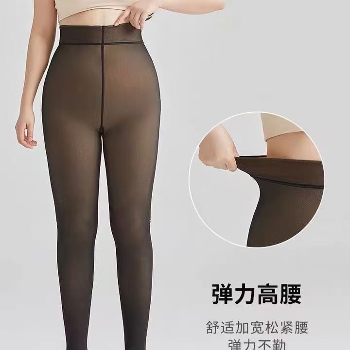 2025 Popular One-Word Crotch Cross-Border Black Translucent Fleece-Lined Thickeneding Slimming Look Leggings for Women with Bare Legs Artifact Pantyhose