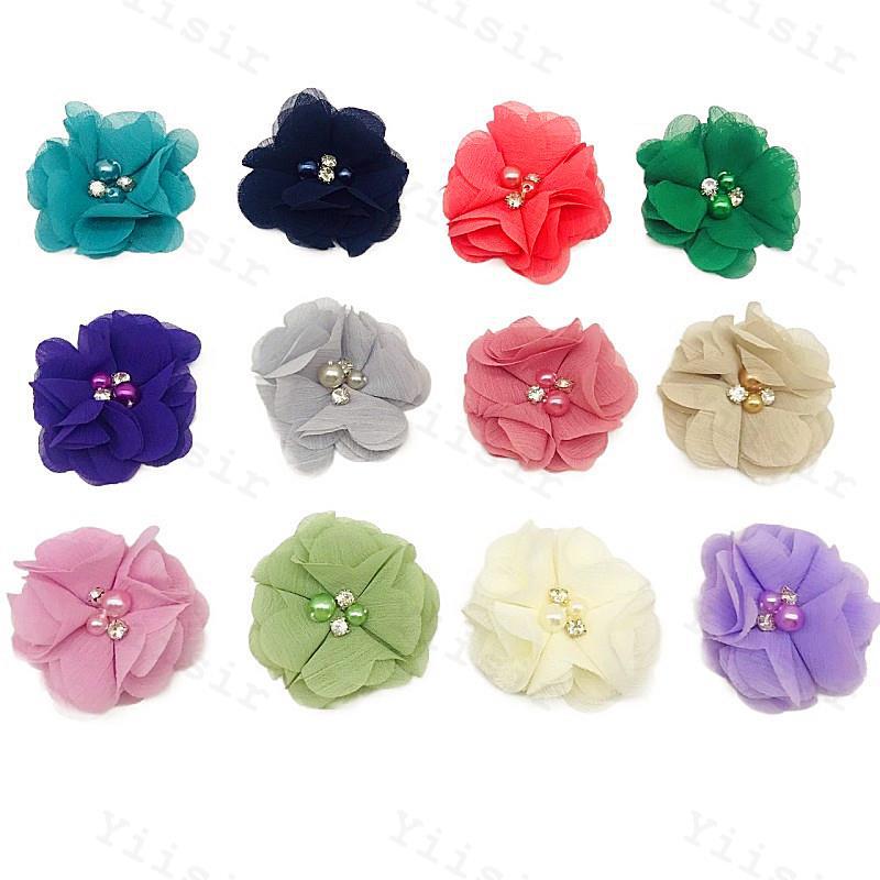 5.5CM Chiffon Pearl Flower Rhinestone Burned Edge Children's Headwear Hairpin Hairband Accessories Accessories Hat Decoration 25 Colors