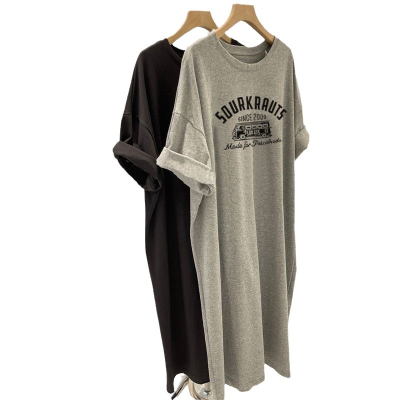 Plus Size Retro Chic Short-Sleeved T-Shirt Dress for Women 2025 New Loose Slimming Look Mid-Length Slit Skirt Summer