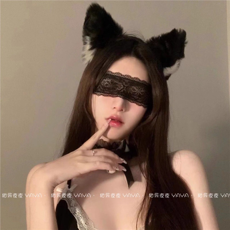 (Hairband + Collar) Cat Ears Bell Headband Sexy Fox Hairpin Women's Lace Eye Mask Cute Hair Accessories Decoration