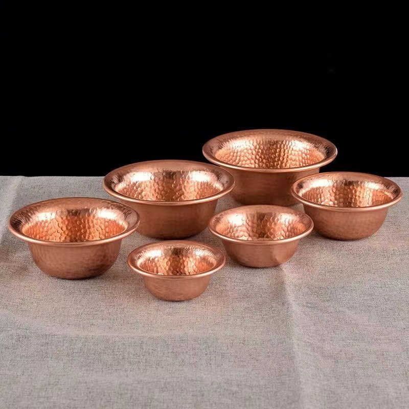 Ethnic Style Hand-Pulled Embossed Red Copper Hammered Pattern Water Supply Bowl Home Decoration Glossy Embossed Water Supply Bowl Portable