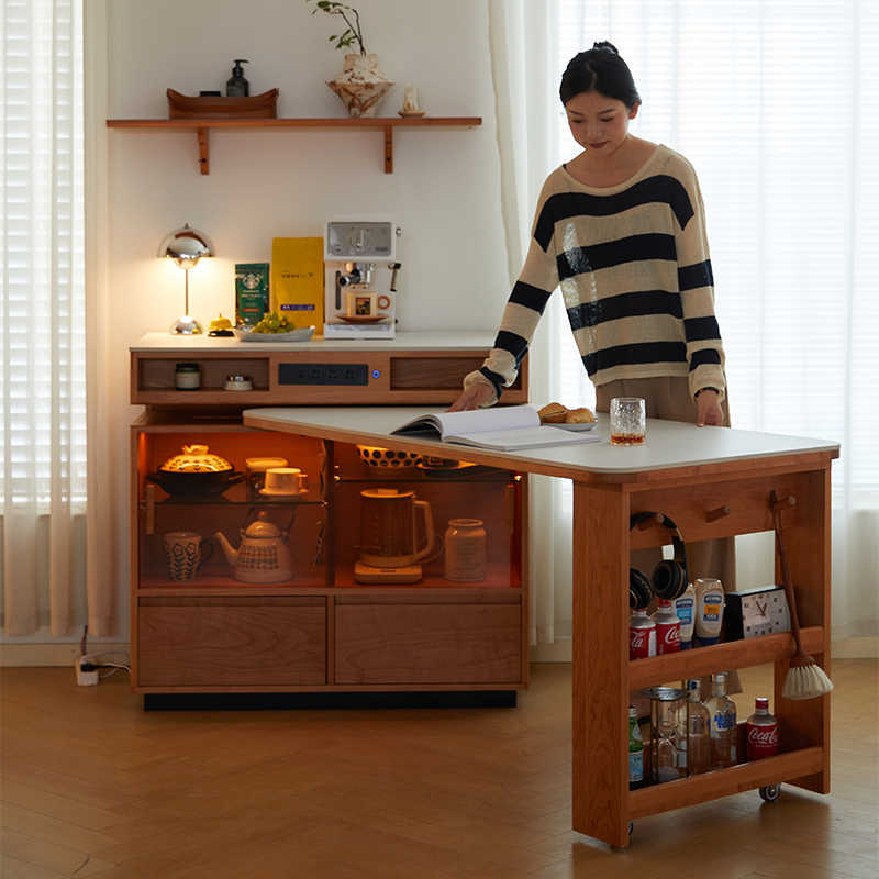 Solid Wood Island Table Integrated Rotating and Retractable Japanese Rock Plate Small Apartment Household Bar Bar Wine Storage Sideboard