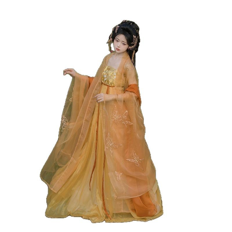 New Summer Hanfu Women's [Gold and Silver] Gorgeous Butterfly Embroidered Large Sleeve Chebula Skirt Tang Style Hanfu