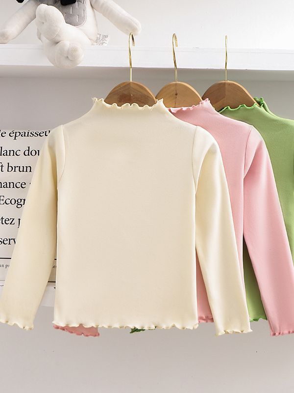 New Girls' Bottoming Shirts, Autumn and Winter Kidsren's Trbottomyy Fungus Pure Color Long-Sleeved T-Shirts, Versatile Tops for Older Kidsren