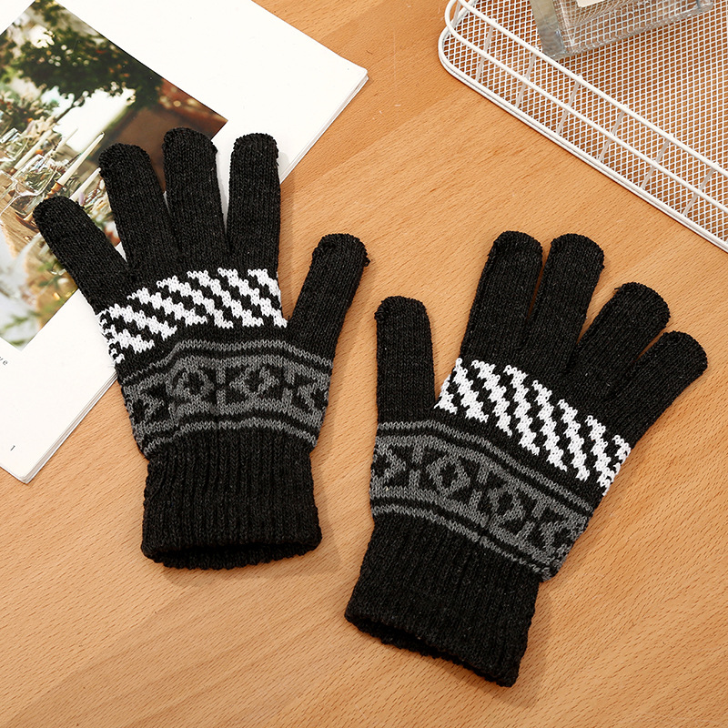 Men's Jacquard Gloves Winter Adult Outdoor Cycling Warm Fleece-lined Gloves Simple Cold-proof Windproof Plush Gloves