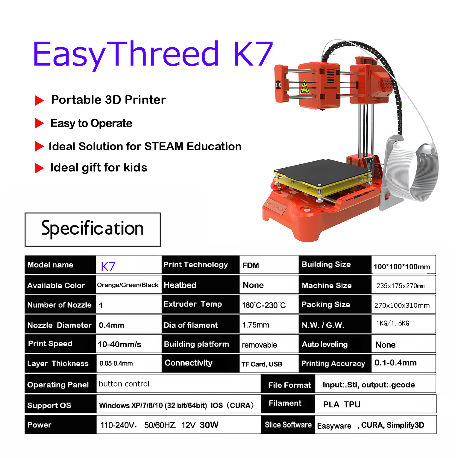 Can be Europe, America, Brazil, Russia overseas warehouse on behalf of the desktop portable students and children entry 3D printer K7