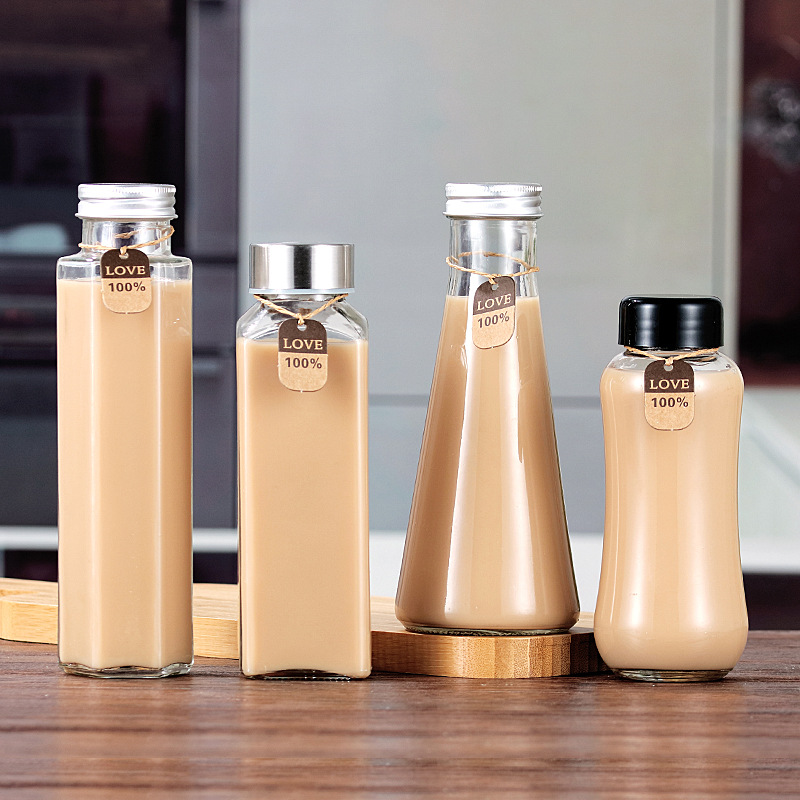 Factory beverage bottle milk tea bottle fruit tea glass bottle thickened high temperature resistant milk tea shop special fruit wine bottle cold tea bottle