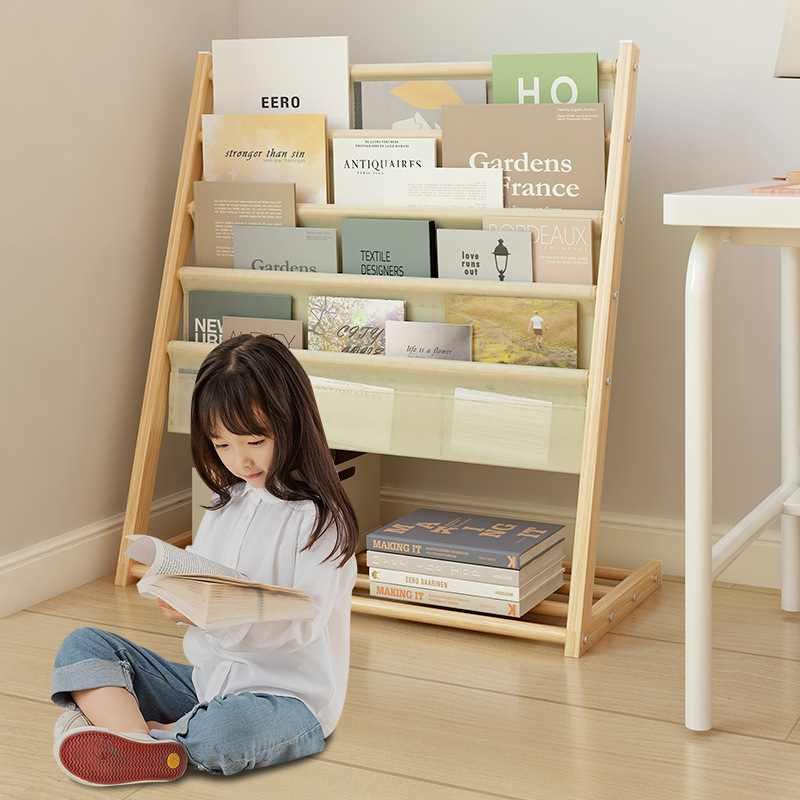 Children's Bookshelf Storage Iron Floor Bookcase Cartoon Fabric Simple Storage Rack Kindergarten Baby Reading Rack
