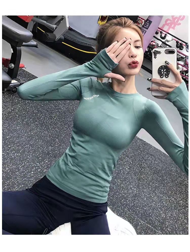 Sports T-Shirt Women's Stretch Tight-Fit Moisturizing and Sweating Quick-drying Fitness Suit Thumb Hole Yoga Long-sleeved Running Long-sleeved Shirt