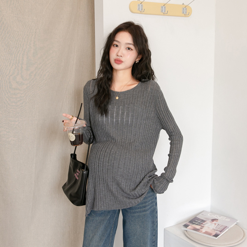 Autumn Maternity Shirt Knitted Fashionable Maternity Wear Mid-Length Maternity Bottoming Shirt Knitted Cut Out Long-Sleeved Sweater