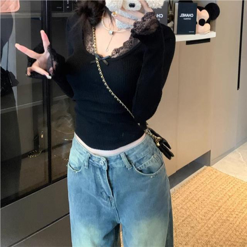 Gentle Style Bow Lace Splicing Long-Sleeved Sweater for Women Early Autumn New Versatile Slim Knitted Top