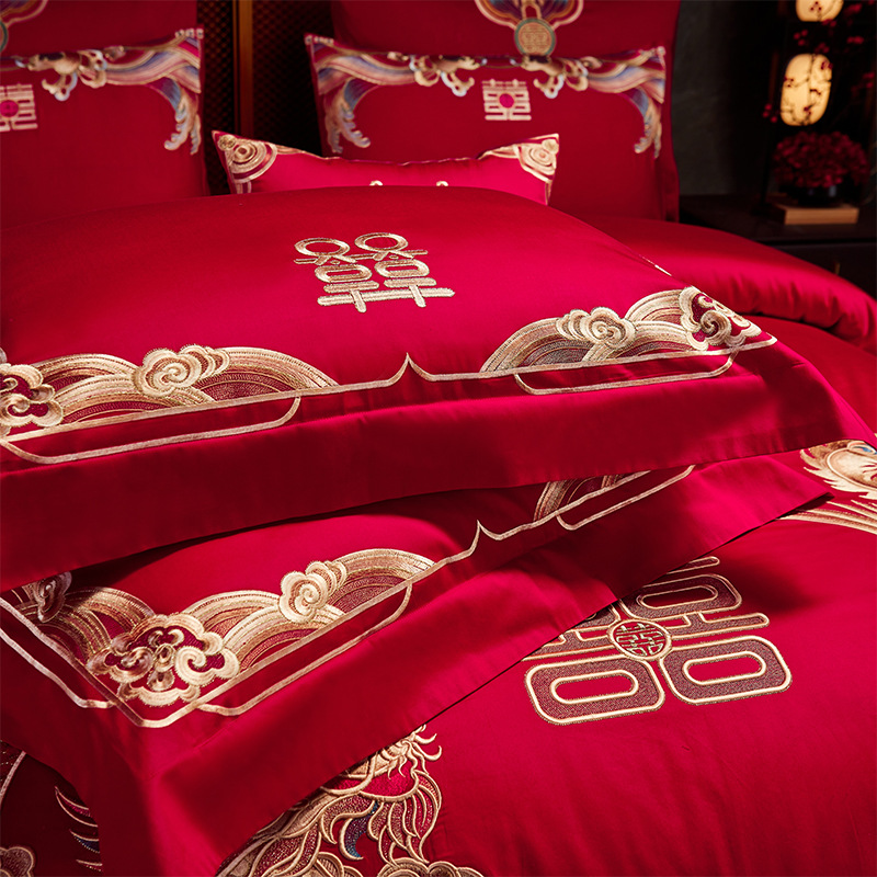 100 high-end long-staple cotton wedding four-piece set big red cotton Xi quilt dragon and phoenix embroidery wedding bedding