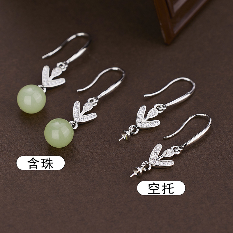 2023 New temperament inlaid zircon leaf ear hook hanging Hetian Jade round beads vintage earrings earrings wholesale