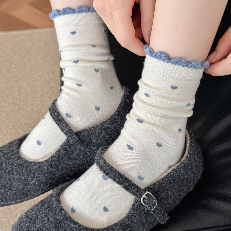 Winter Thickened Wool Socks for Women, Color-Blocked Polka Dot Wool Socks, Versatile Soft Mid-Calf Socks, Trendy Slouch Socks