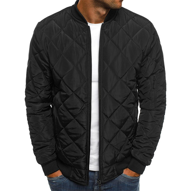 Foreign Trade European Size Men's Solid Color Jacket Cotton-padded Jacket Rhombic Stitching Rhombic Thickened Stand Collar Cotton-padded Jacket Winter Warm Cotton-padded Jacket