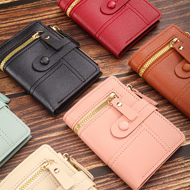Cross-Border Hot-Selling Solid Color Women's Wallet with Buckle, Patchwork Zipper Coin Purse, Short Card Holder Wallet for Women Wholesale