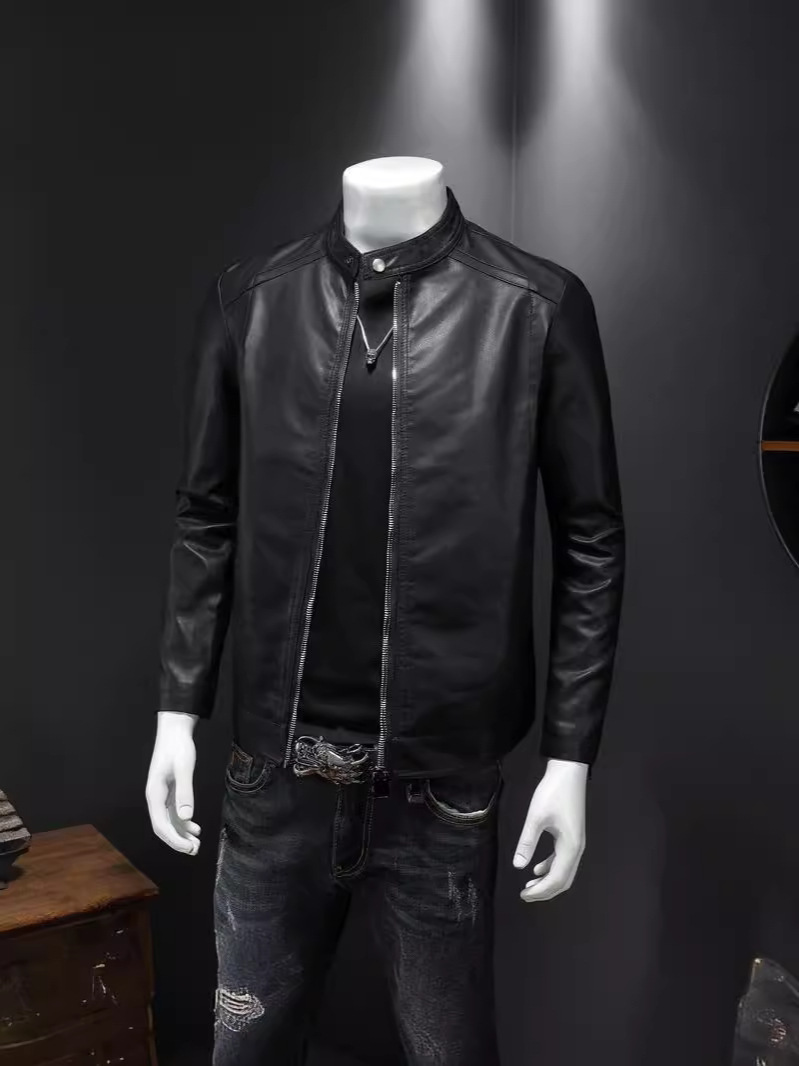 Cross-Border Men's Motorcycle Leather Jacket 2025 New Stand-Up Collar Leather Jacket Casual Velvet Thickeneded Slim Leather Jacket