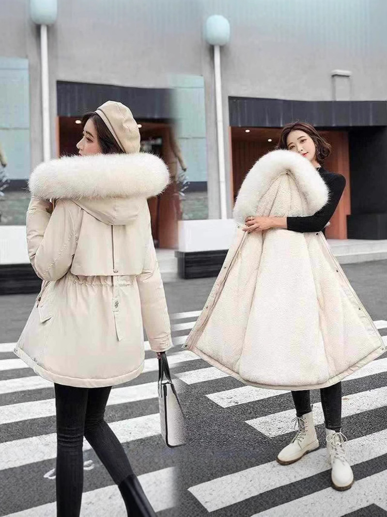 2025 Winter European and American New Women's Cotton-Padded Jacket Mid-Length Large Fur Collar Fleece-Lined Cotton-Padded Jacket down Cotton-Padded Jacket